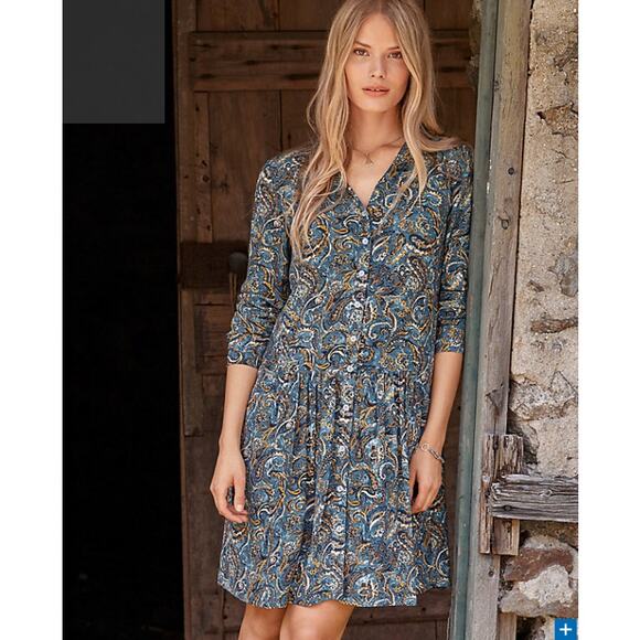Garnet Hill SZ 14 Dropwaist Button-Up Dress Blue Gold Paisley 46625 Pockets - Picture 1 of 8